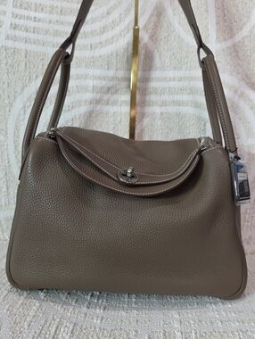 Hermes Lindy 30 Taupe Clemence Leather Shoulder Bag with Turn-Lock Closure